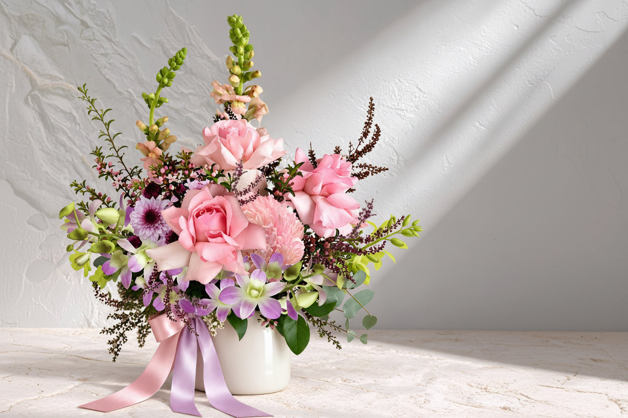 Reflective bouquet of vibrant reflexed roses by BLOOMHAUS MELBOURNE, arranged in a stylish floral display.