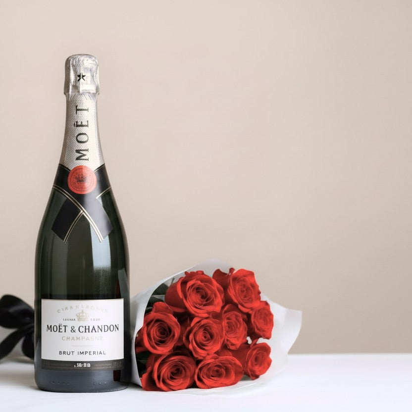 Elegant bouquet of classic roses with champagne, featuring BLOOMHAUS MELBOURNE's roses for a romantic floral arrangement.
