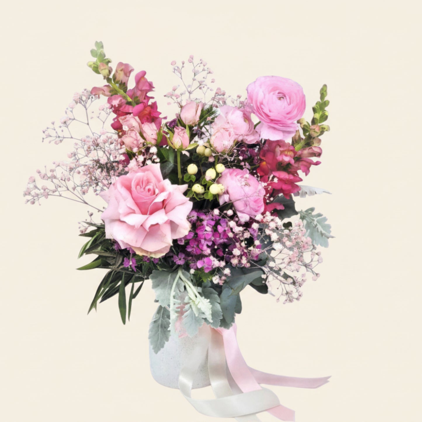 Sweet pink ceramic vase with blooming reflexed roses flower arrangement by BLOOMHAUS MELBOURNE