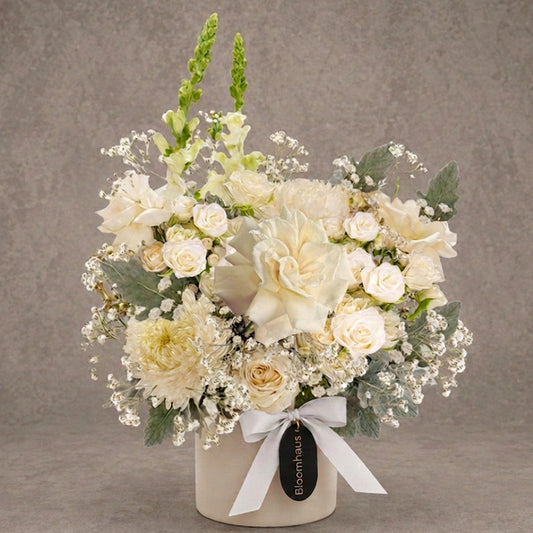 White reflexed roses named Angel from BLOOMHAUS MELBOURNE, beautifully arranged with delicate petals and lush green leaves.