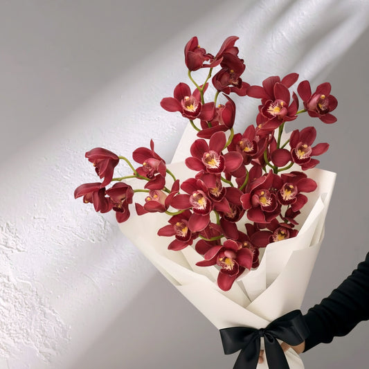 Deep red Cymbidium orchids in a bouquet, showcasing BLOOMHAUS MELBOURNE's floral arrangement of elegant orchids.