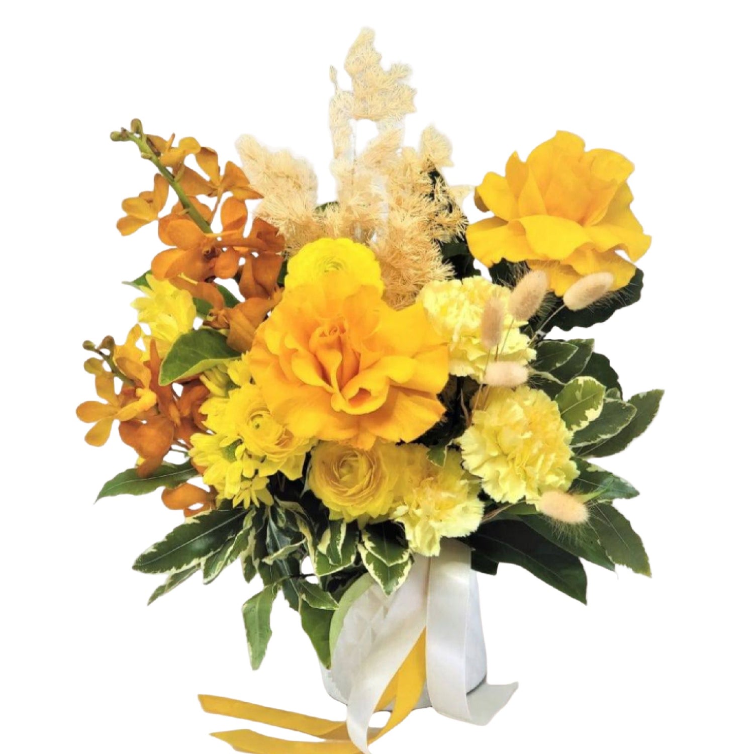 Bright yellow flowers in white ceramic pot 