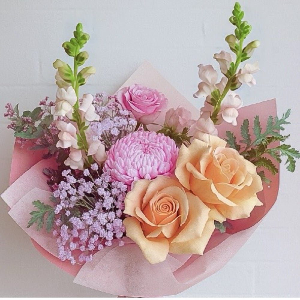PASTEL POP  | Same Day Flower Delivery Across Melbourne.  Peach roses, lilac babies breath pink Disbuds and snapdragons 