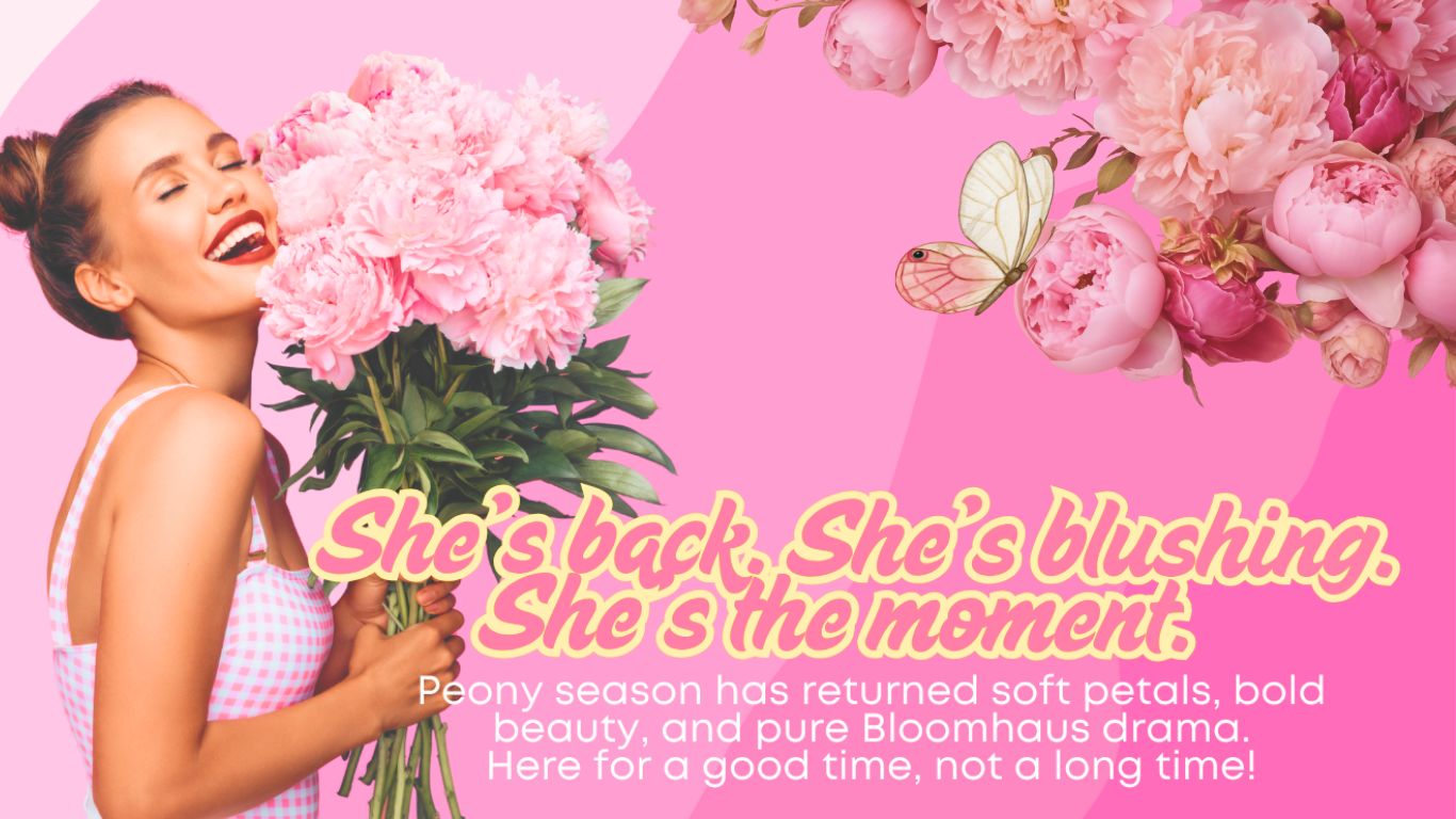 Young woman holding a bunch of peonies smiling with a pink background with peonies 