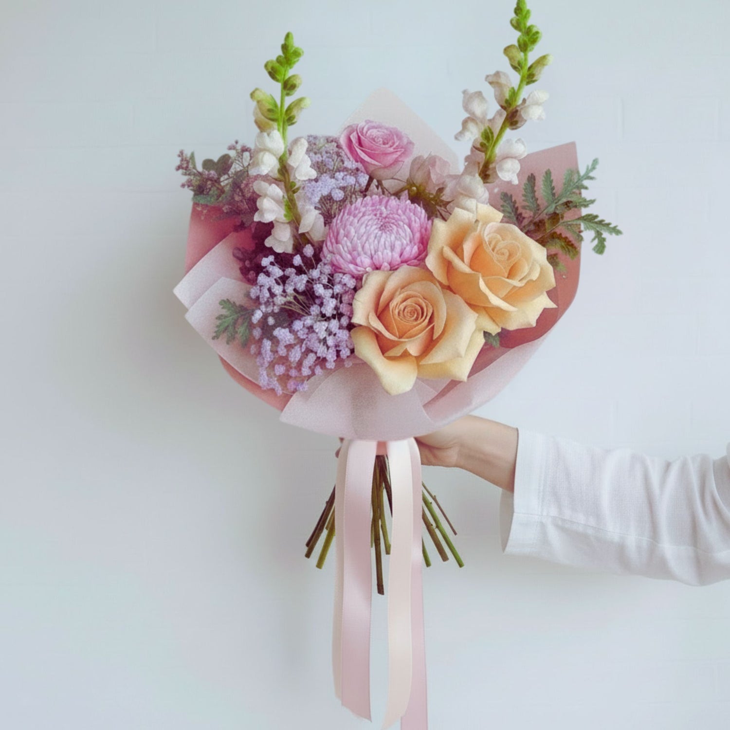 soft pastel bouquet with roses disbuds and snapdragons melbourne delivery