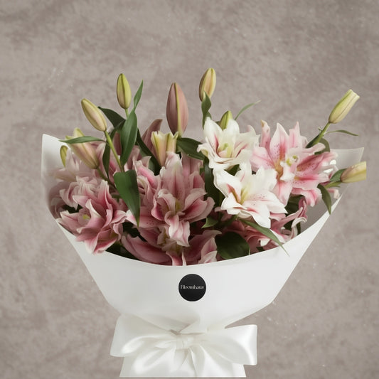 Bouquet of vibrant rose lilies from Bloomhaus Melbourne, showcasing elegant oriental flowers in full bloom.