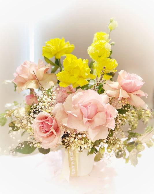 BLOOMHAUS MELBOURNE Flower arrangement Pink Lemonade - An Array of reflexed Pink & Yellow Roses Pot Arrangement