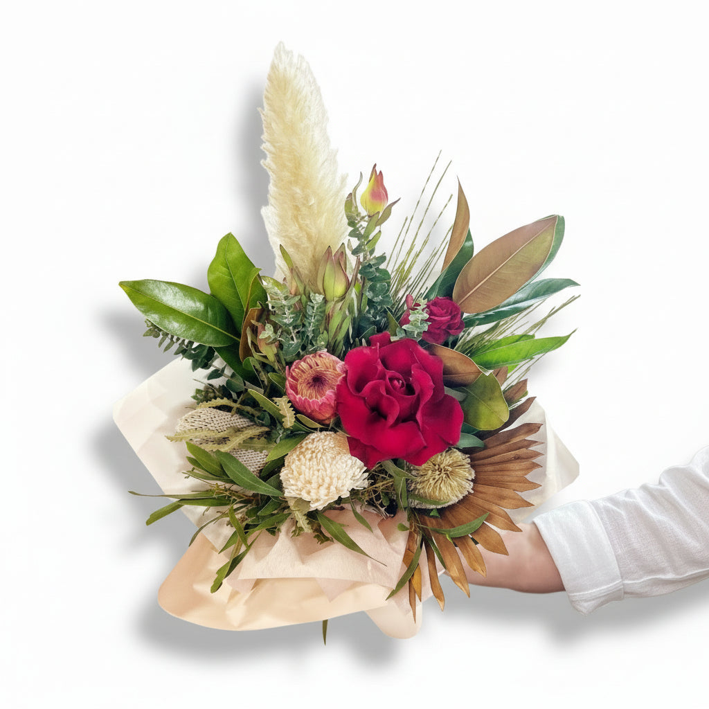 Wild Heart - Reflexed Red Roses, Pampas & Australian Natives ...