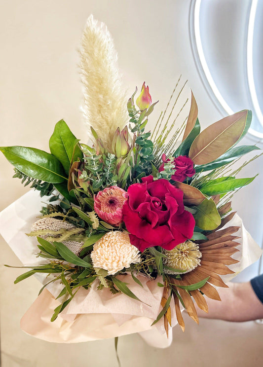 BLOOMHAUS MELBOURNE Flower arrangement Wild Heart - Reflexed Red Roses, Pampas & Australian Natives
