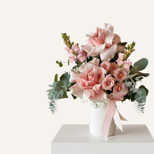BLOOMHAUS MELBOURNE Flowers > reflexed roses Mon Cheri- Reflexed Pink Rose and Babies Breath Arrangement in a pink Ceramic Vase with a love heart and gold details