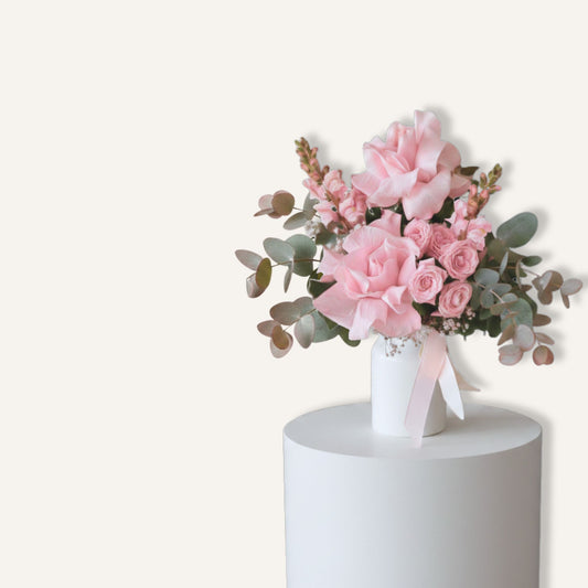 BLOOMHAUS MELBOURNE Flowers > reflexed roses Mon Cheri- the sweetest reflexed pink rose Arrangement in a pink ceramic vase with a love heart and gold details 🐾