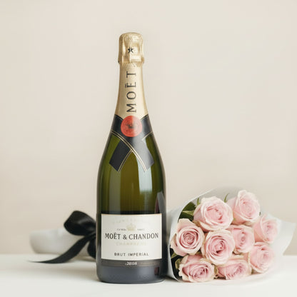 Bouquet of classic roses with a champagne glass, BLOOMHAUS MELBOURNE flowers, romantic floral arrangement for special occasions