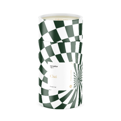 Loose leaf Mad Hatter Tea Sticky Masala Chai in a 150g package, showcasing the aromatic tea leaves and spices.