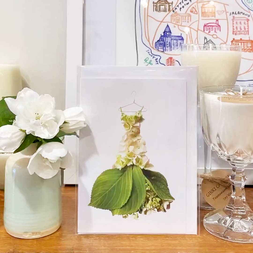 petal & pins greeting card Cream Hydrangea Gown – Floral Greeting Card
