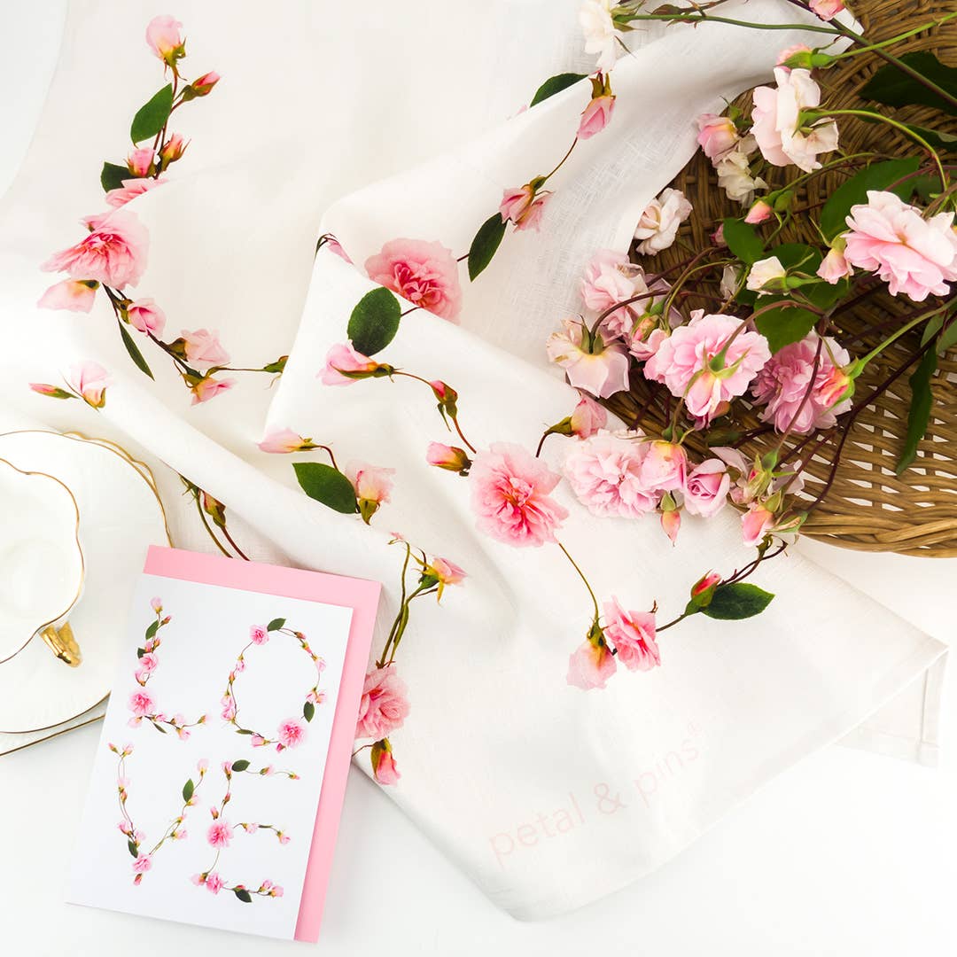 petal & pins teatowel Linen Tea Towel - LOVE - Floral Design