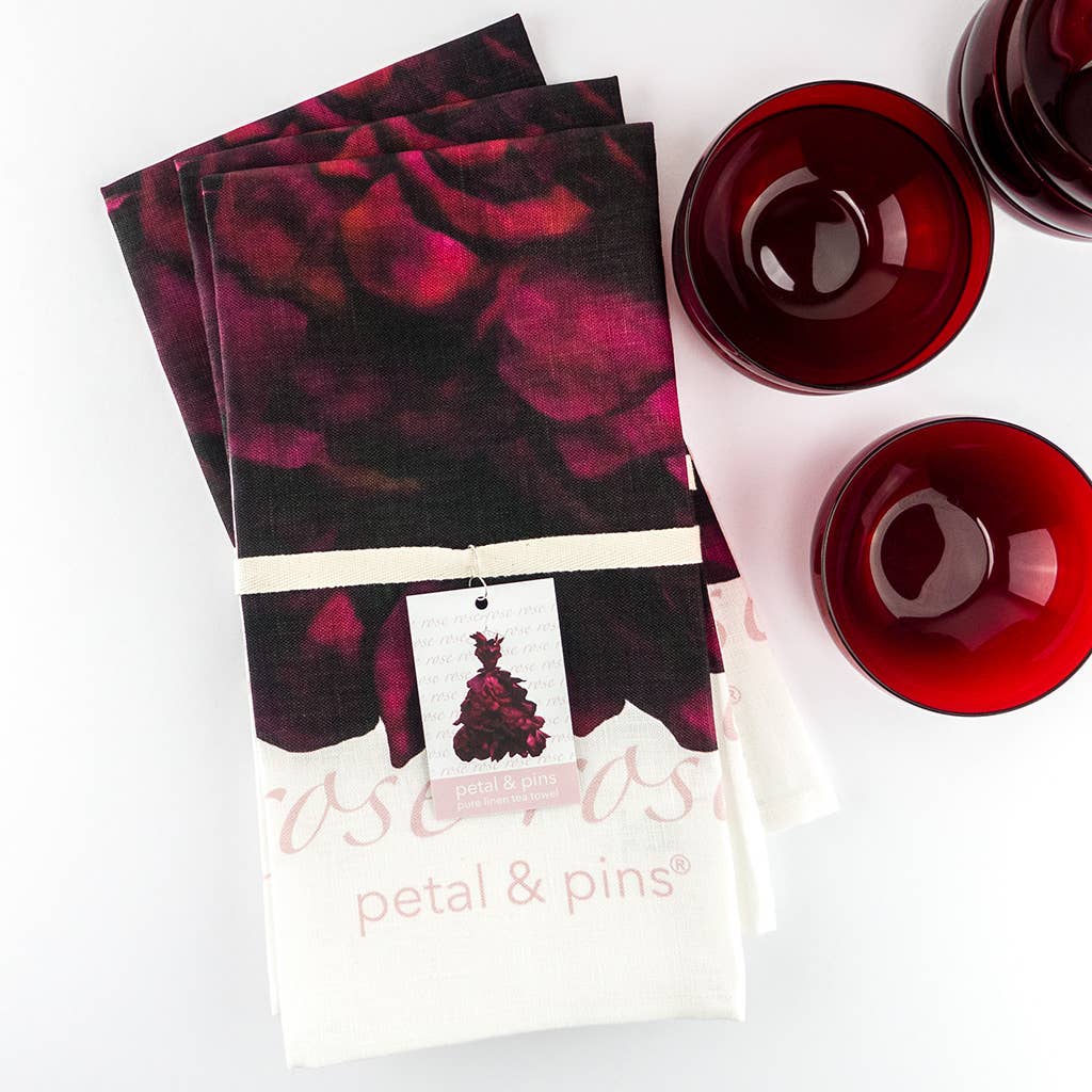 petal & pins teatowel Linen Tea Towel - Red Wine Rose Gown - Floral Design