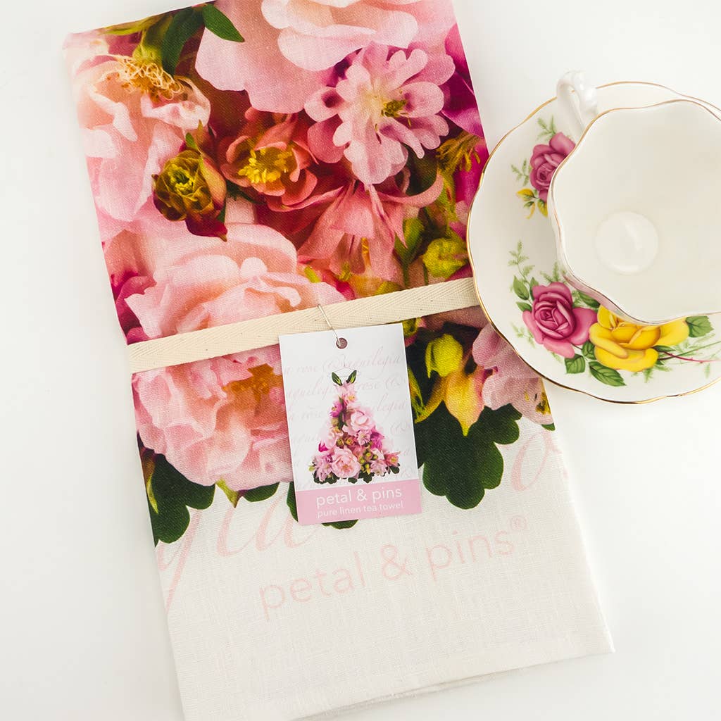 Linen Tea Towel - Aquilegia & Rose Dress - Floral Design - BLOOMHAUS MELBOURNE