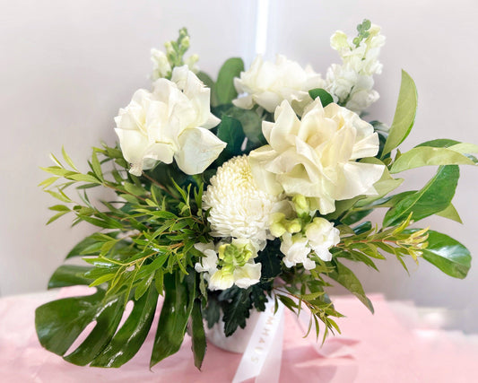 Graceful - White Roses, Disbuds, Seasonal Blooms Pot Arrangement | BLOOMHAUS MELBOURNE