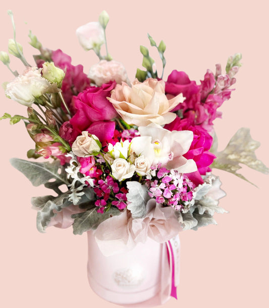 Bella | Pink Reflexed roses and Seasonal Blooms in a Hatbox