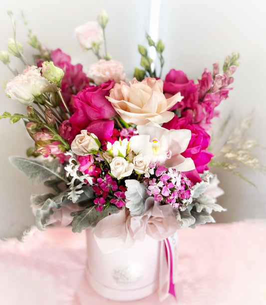 Bella | Pink Reflexed roses and Seasonal Blooms in a Hatbox