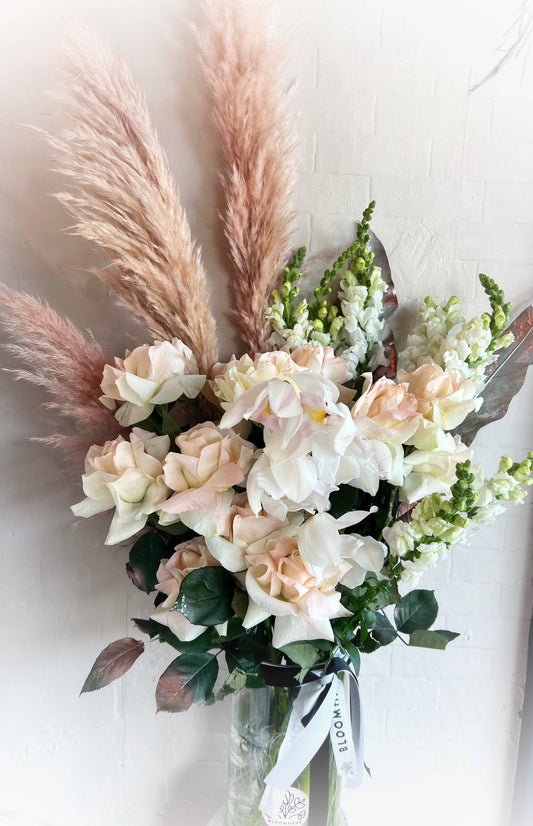 BLOOMHAUS MELBOURNE Flower arrangement Queen - Stunning Reflexed Roses, Orchid, Seasonal Blooms and Pampas in a Glass Vase