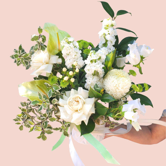 BLOOMHAUS MELBOURNE Inner Peace - Fresh White  Reflexed Roses,Stock and Disbuds in a Ceramic Pot