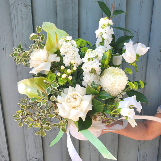 BLOOMHAUS MELBOURNE Inner Peace - Fresh White  Reflexed Roses,Stock and Disbuds in a Ceramic Pot
