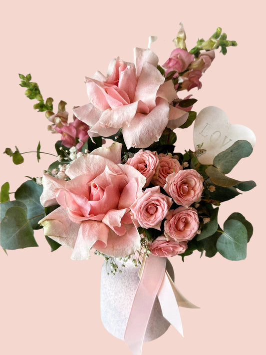 BLOOMHAUS MELBOURNE Mini Blooms Mon Cherie - Reflexed Pink Rose and Babies Breath Arrangement in a pink Ceramic Vase with a love heart and gold detailds