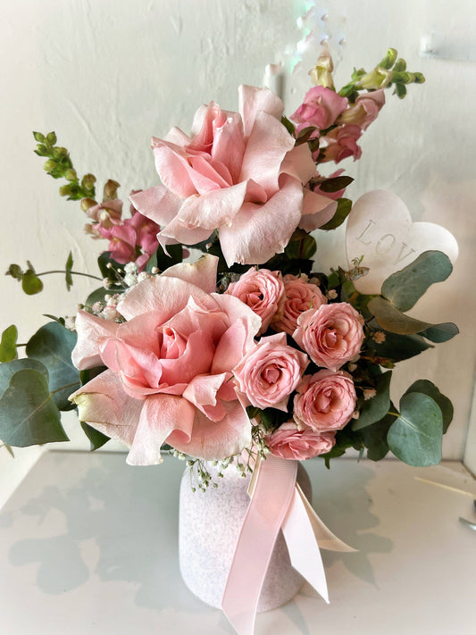 BLOOMHAUS MELBOURNE Mini Blooms Mon Cherie - Reflexed Pink Rose and Babies Breath Arrangement in a pink Ceramic Vase with a love heart and gold detailds