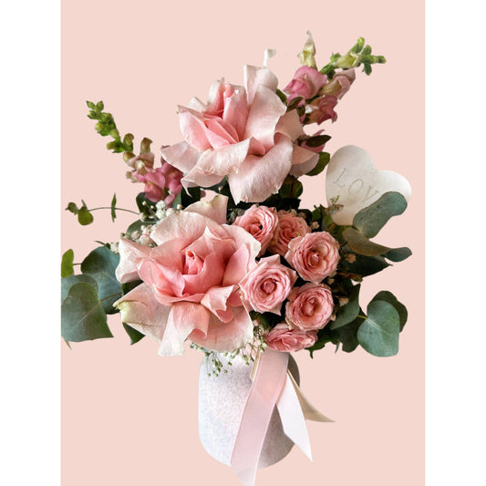 BLOOMHAUS MELBOURNE Mini Blooms Mon Cherie - Reflexed Pink Rose and Babies Breath Arrangement in a pink Ceramic Vase with a love heart and gold detailds