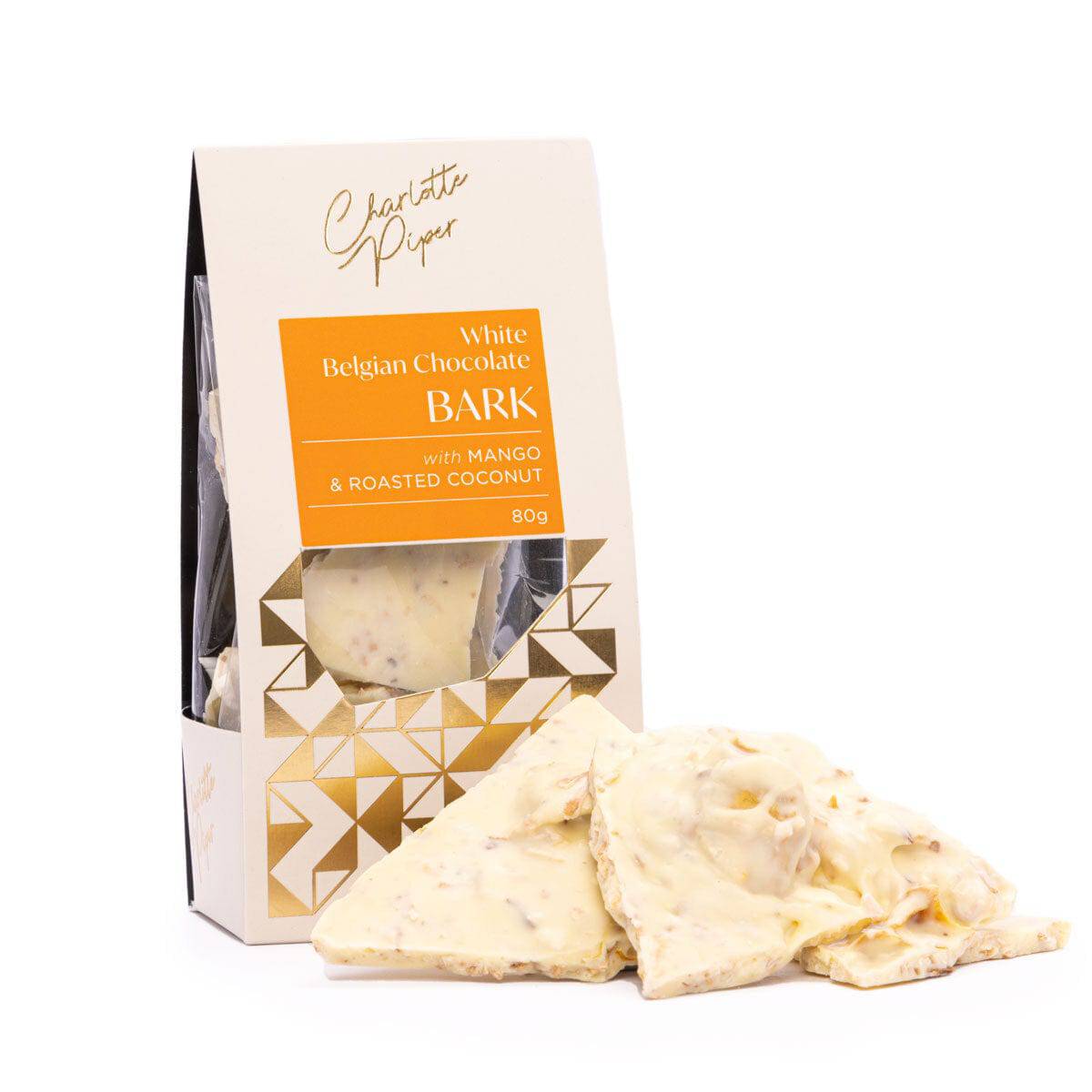 BLOOMHAUS MELBOURNE White Belgian Chocolate Bark with Mango and Roasted Coconut Charlotte Piper Chocolate Bark