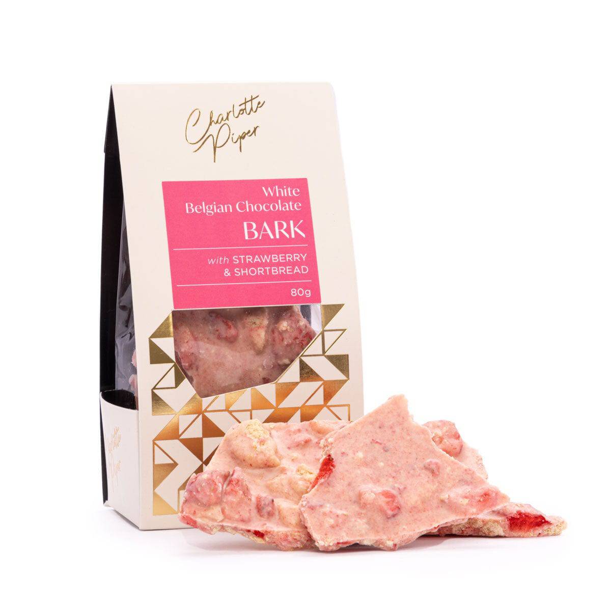 BLOOMHAUS MELBOURNE White Belgian Chocolate Bark with Strawberrry and Shortbread Charlotte Piper Chocolate Bark